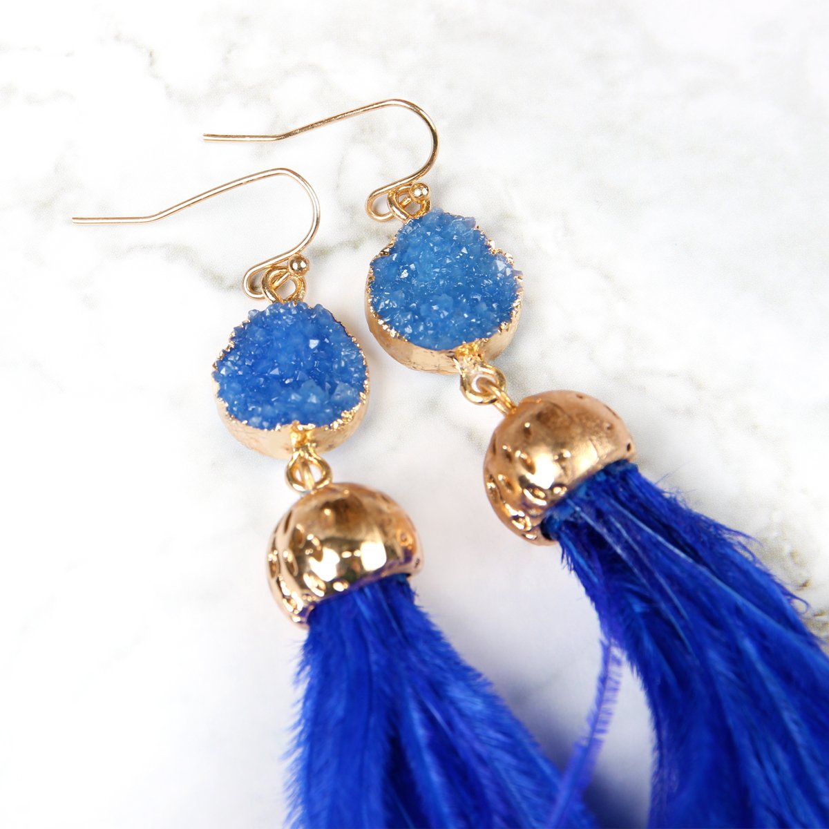 Riah Fashion - Druzy Stone Dangling Feather Earrings - 7 COLORS -