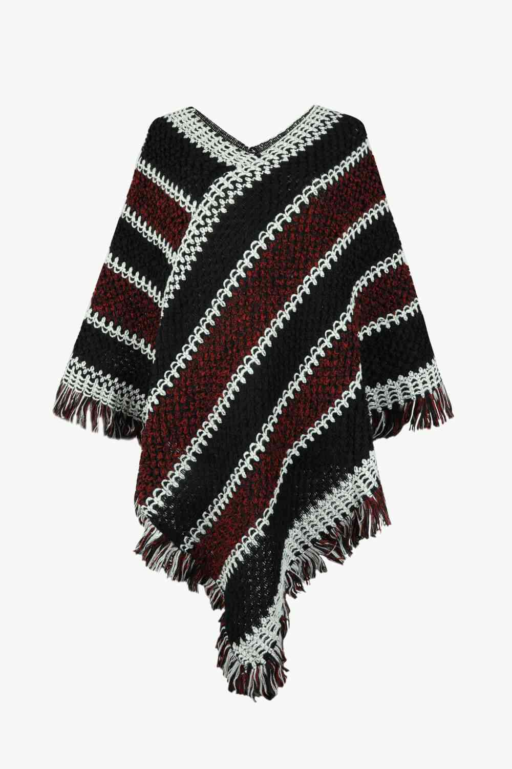 V-Neck Fringe Hem Poncho - ONE SIZE - T - 6 COLORS -