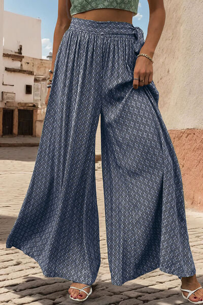 Printed Tied Wide Leg Pants - T - 3 COLORS -