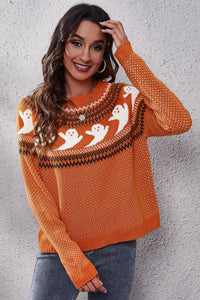 Thumbnail for Ghost Pattern Round Neck Long Sleeve Sweater - T - 7 COLORS -