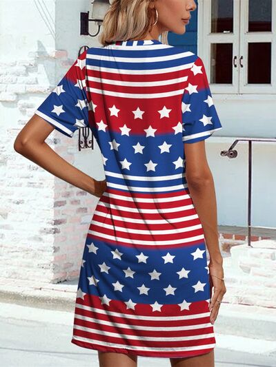 Pocketd US Flag Printed Short Sleeve Dress - T - 1 COLOR -