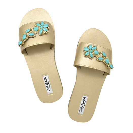 SAND BY SAYA N.Y. - Brooklyn-Turquoise Flower-Waterproof Espadrille Rhine Stone Embellished Slide Flat Sandal - 3 COLORS -