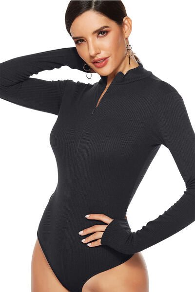 Full Size Ribbed Half Zip Long Sleeve Bodysuit - T - 4 COLORS -