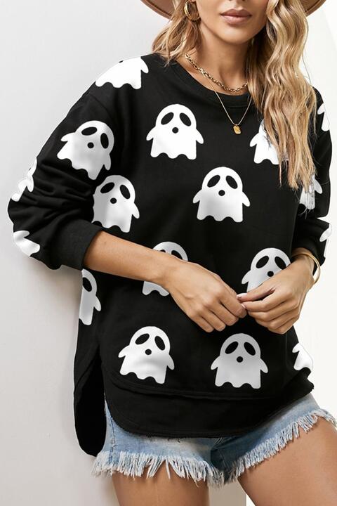 Ghost Print Slit Round Neck Sweatshirt - T - 1 COLOR -