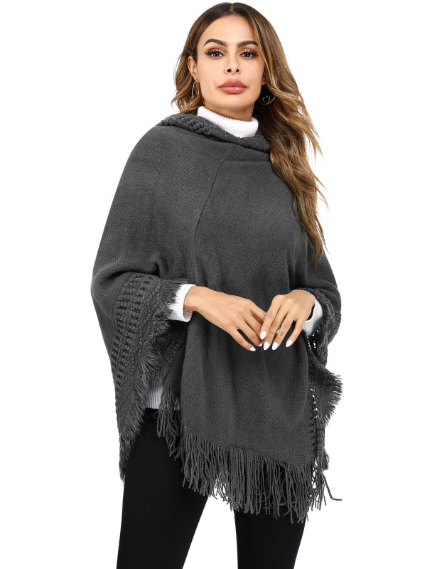 Women's Print or Plain Fringe Hooded Knit Cape Shawl - K - 2 Print patterns - 4 COLORS -