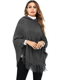 Thumbnail for Women's Print or Plain Fringe Hooded Knit Cape Shawl - K - 2 Print patterns - 4 COLORS -