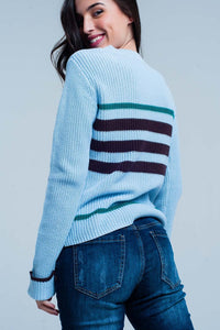 Thumbnail for Q2 - Blue Rib Stitch Sweater With Stripes - 1 COLOR -