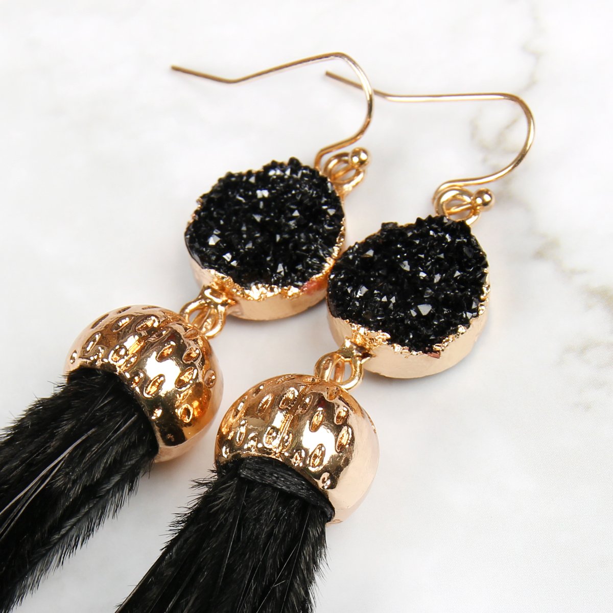 Riah Fashion - Druzy Stone Dangling Feather Earrings - 7 COLORS -