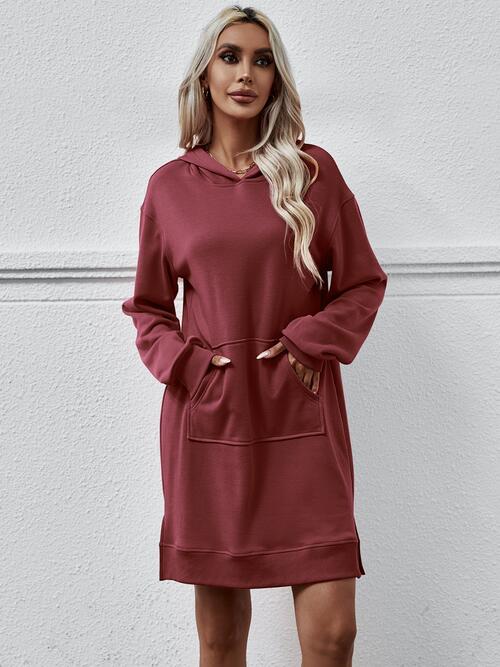 Slit Long Sleeve Hooded Dress with Pocket - T - 9 COLORS -