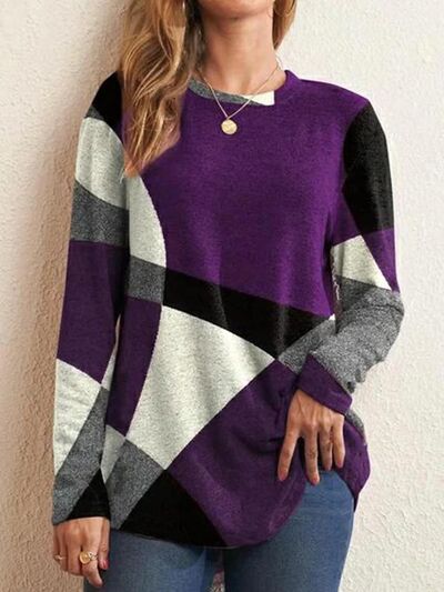 Geometric Round Neck Long Sleeve T-Shirt - T - 5 COLORS -