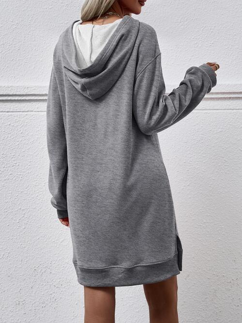 Slit Long Sleeve Hooded Dress with Pocket - T - 9 COLORS -