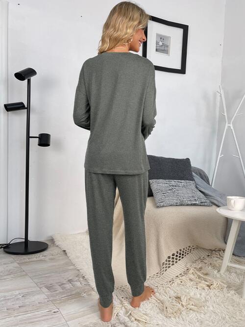 Round Neck Top and Drawstring Pants Lounge Set - 2 PCS. - T - 4 COLORS -