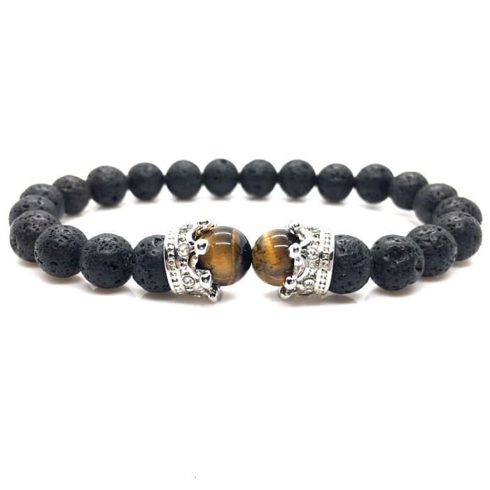 Crowned Eye of Tiger and Lava Stone Braided Bracelet -