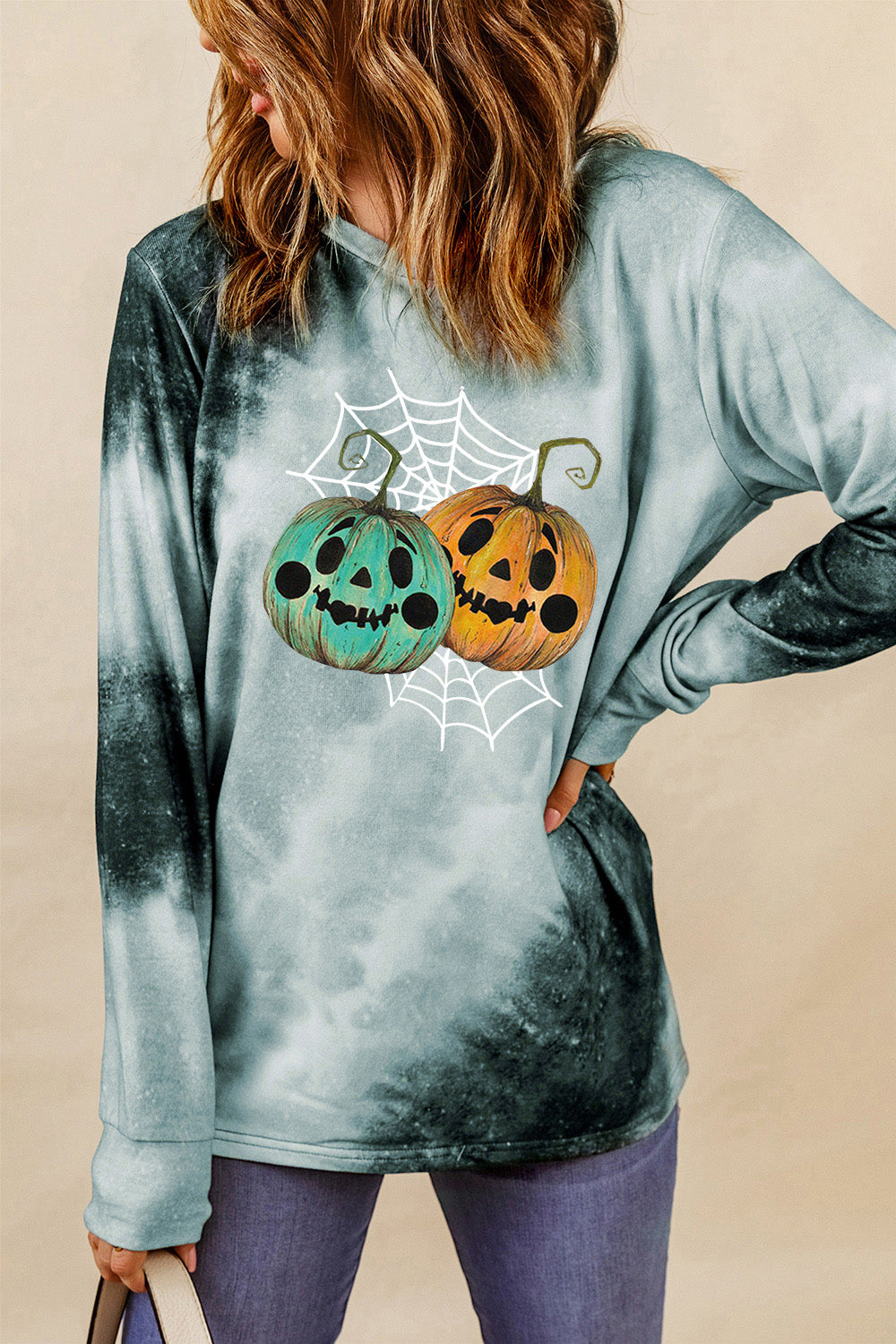 Round Neck Long Sleeve Halloween Graphic Sweatshirt - T - 1 COLOR -