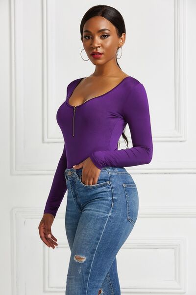 Half Zip Scoop Neck Long Sleeve Bodysuit - T - 10 COLORS -