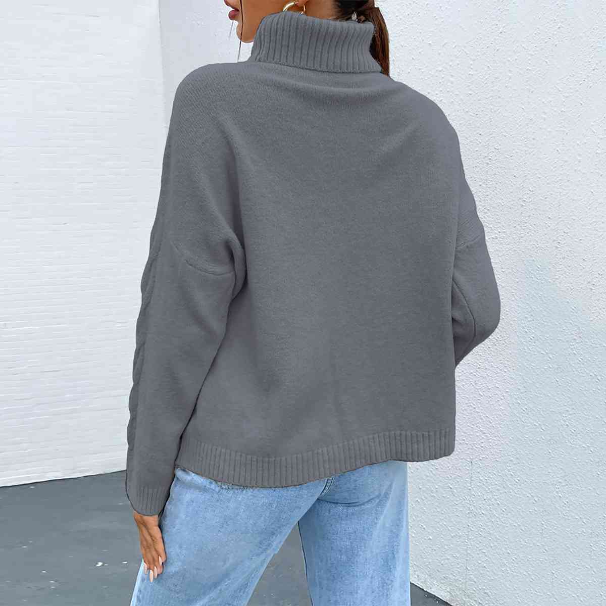 Turtleneck Dropped Shoulder Long Sleeve Sweater - T - 4 COLORS -