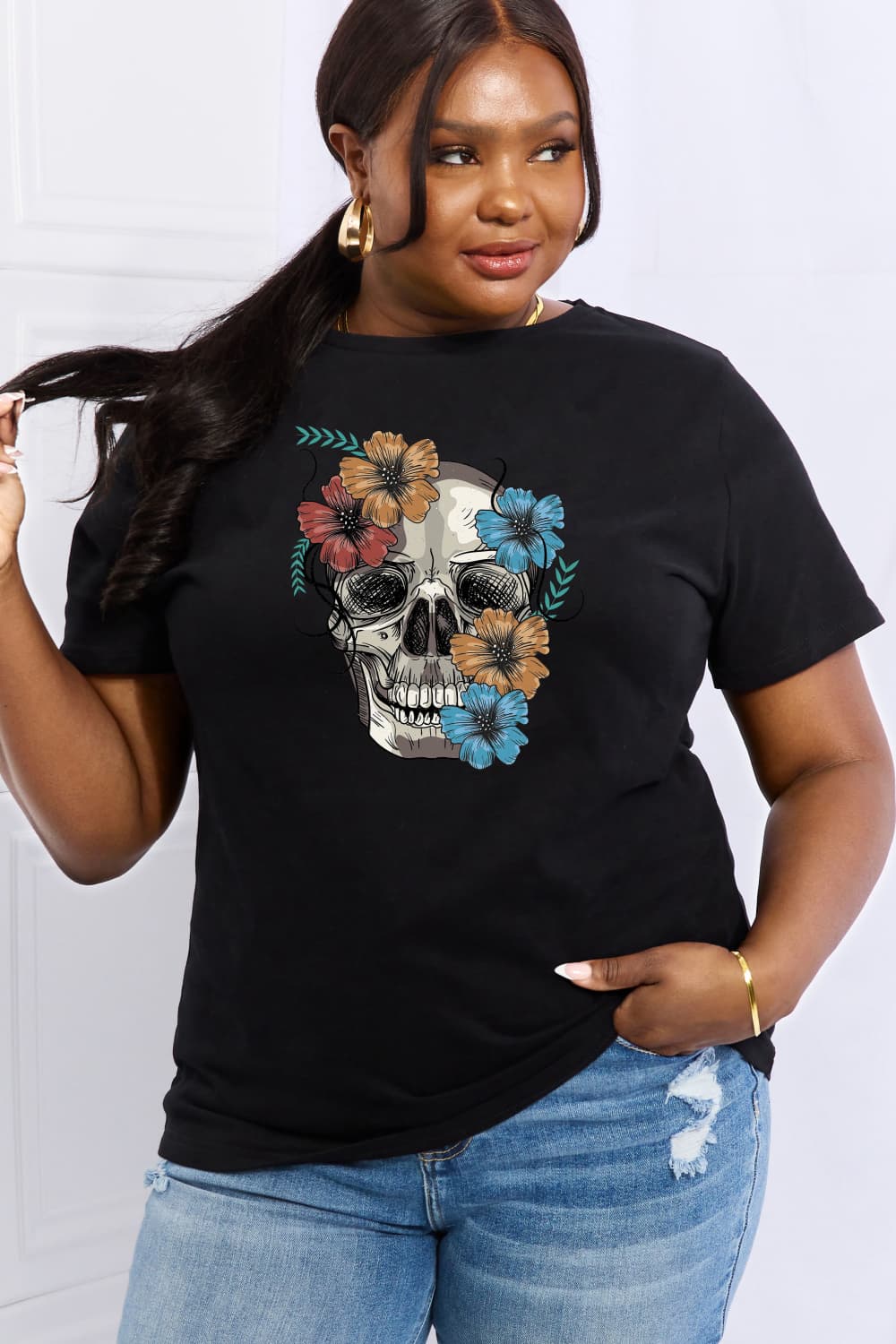 Simply Love Full Size Flower Skull Graphic Cotton Tee - T - 2 COLORS -