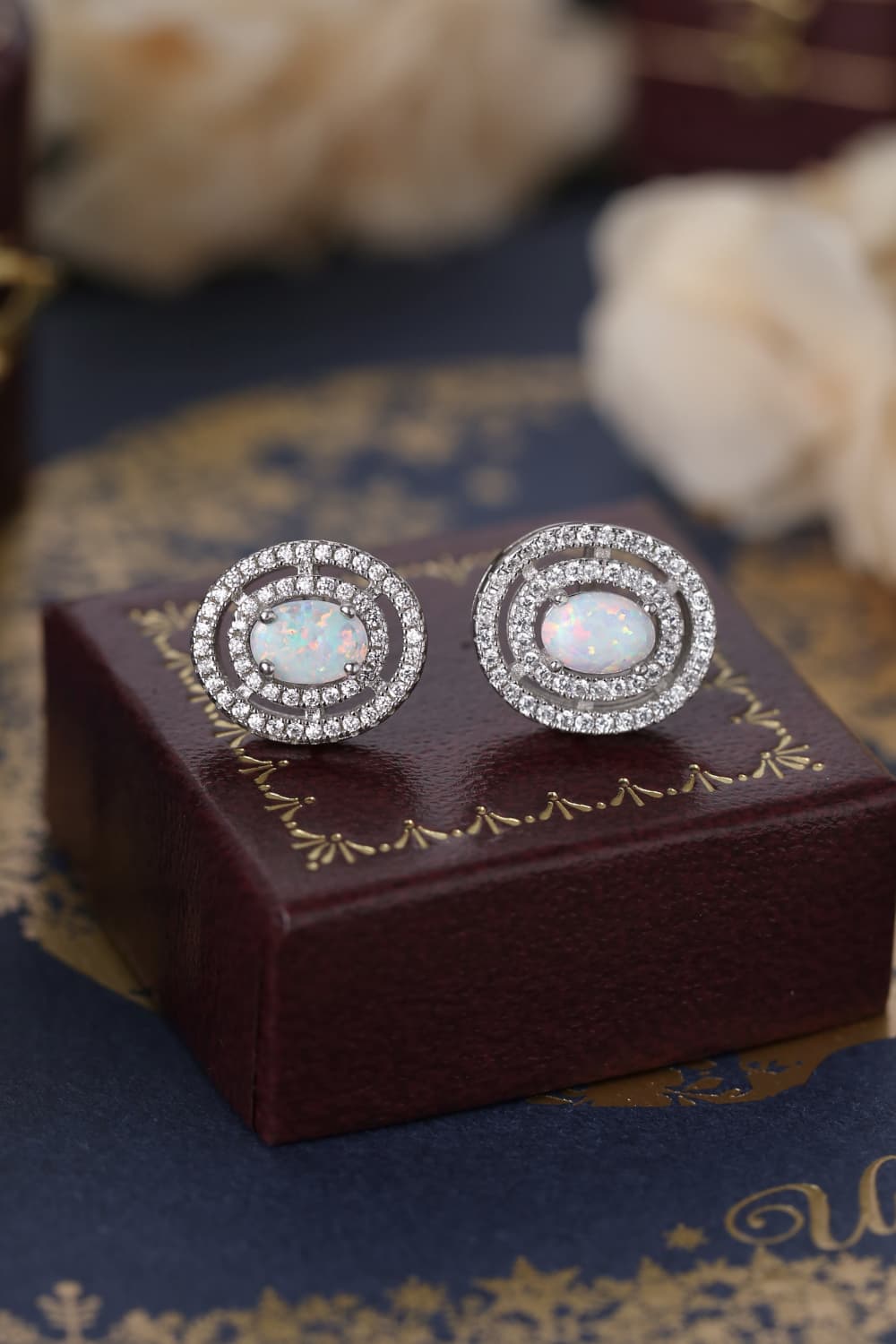 925 Sterling Silver Opal Round Stud Earrings - T - 2 COLORS -