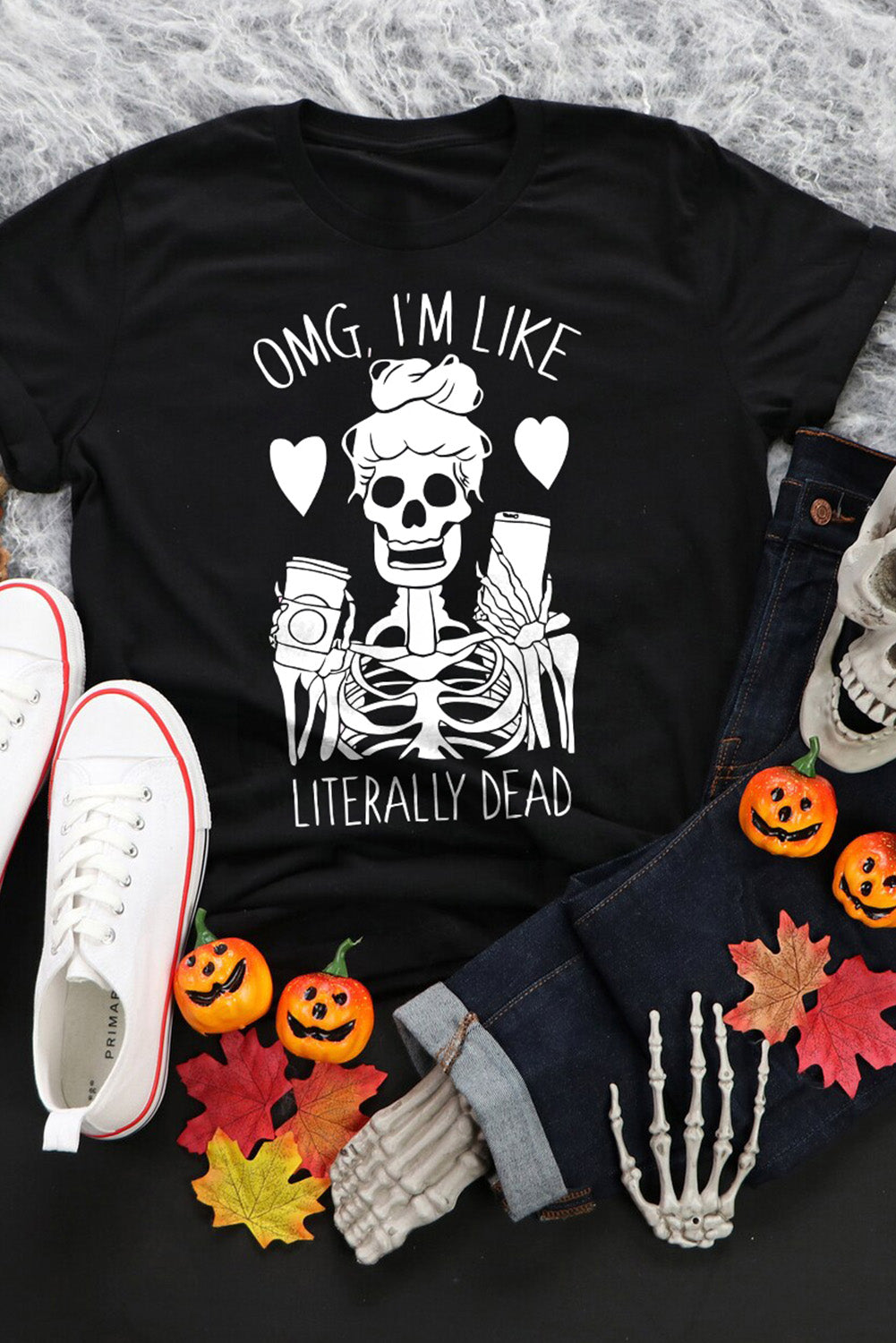 Halloween Skeleton Graphic Round Neck Tee - T - 1 COLOR -