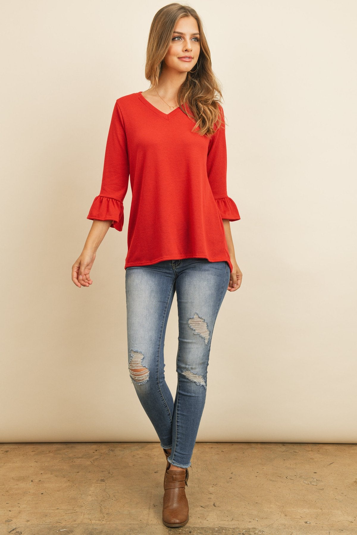 Riah Fashion - Solid Bell Sleeve V-Neck Top - 5 COLORS -