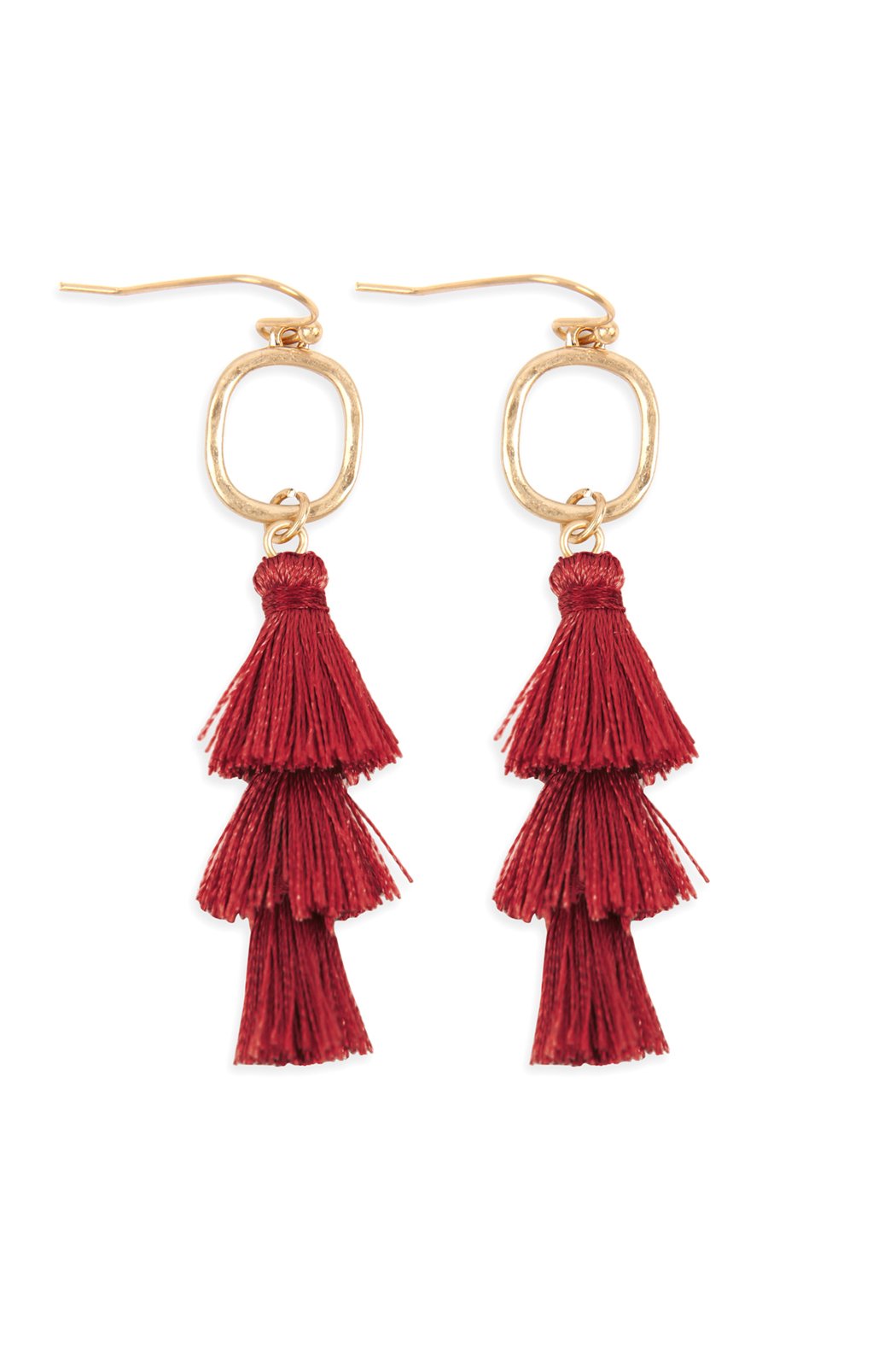 Three Drop Tassel With Metal Hook Earrings - 11 COLORS -