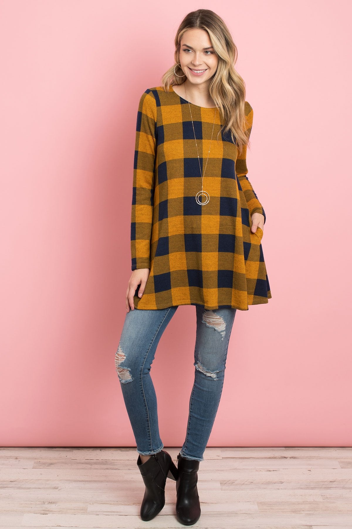 Riah Fashion - Plaid Long Sleeves A-Line Top - 4 COLORS -