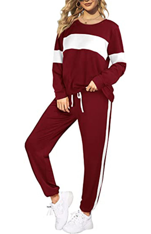 Women's Fashion Loose Casual Round Neck Striped Colorblock Sweater Suit - K - 2 PC. SET - 5 COLORS -