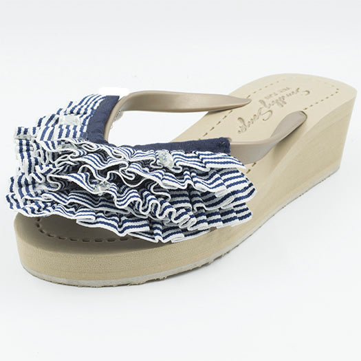 SAND BY SAYA N.Y. - Marine Stripe Ruffle - Triple Rockaway - Women's Mid Wedge Flip Flop - 2 COLORS -s