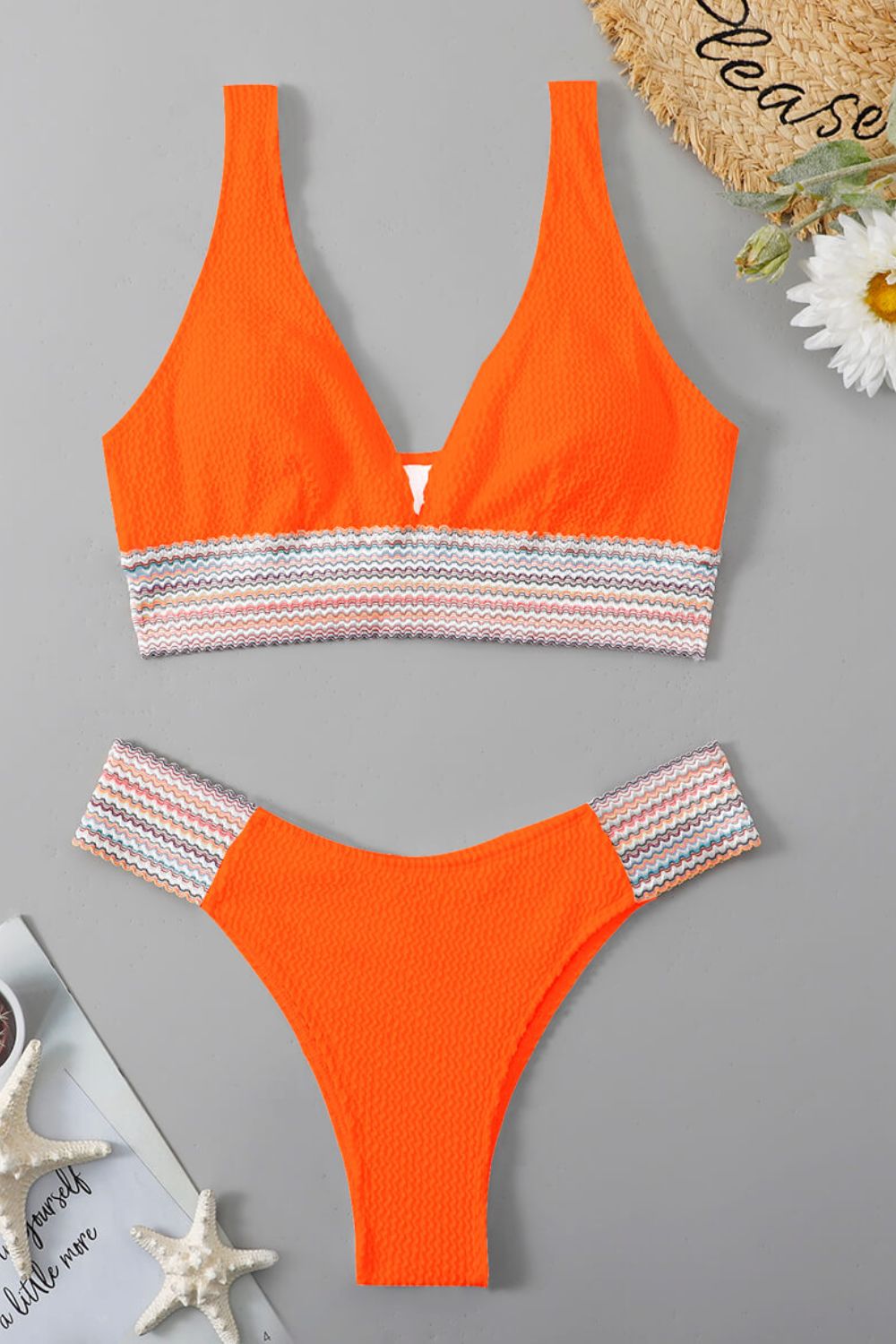 Contrast Textured High Cut Swim Set - T - 5 COLORS -