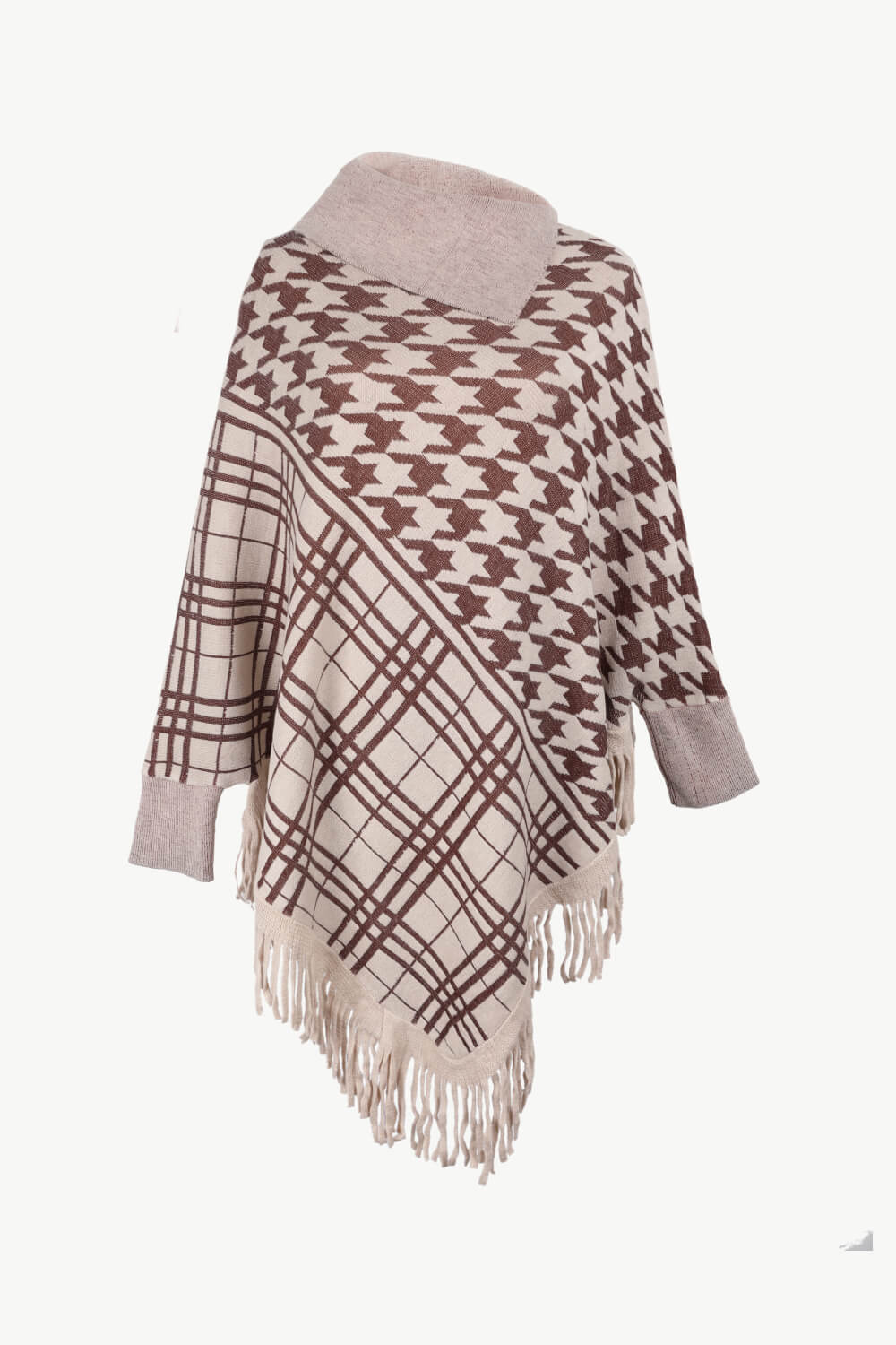 Houndstooth Turtleneck Fringe Hem Poncho - T - 5 COLORS -