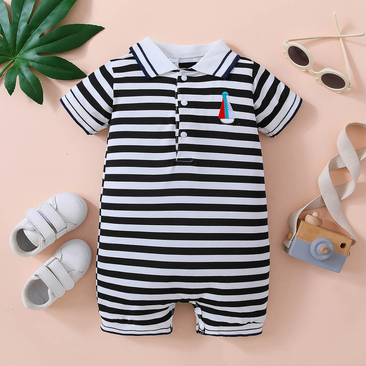 Embroidered Collared Neck Short Sleeve Romper - T - 1 SOLID, 1 STRIPE -