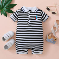 Thumbnail for Embroidered Collared Neck Short Sleeve Romper - T - 1 SOLID, 1 STRIPE -