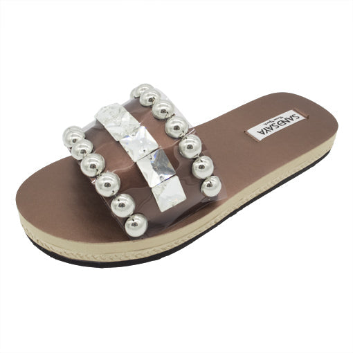 SAND BY SAYA N.Y. - Crystal and Studs - Waterproof Women’s Espadrille Comfy Slide Flat - 3 COLORS -