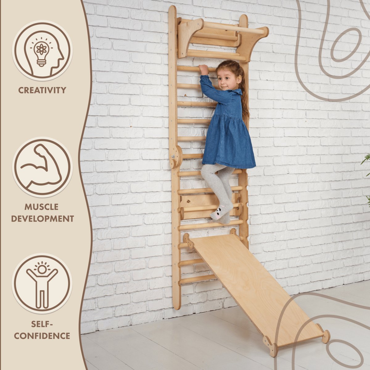 3in1: Wooden Swedish Wall / Climbing Ladder for Children + Swing Set + Slide Board