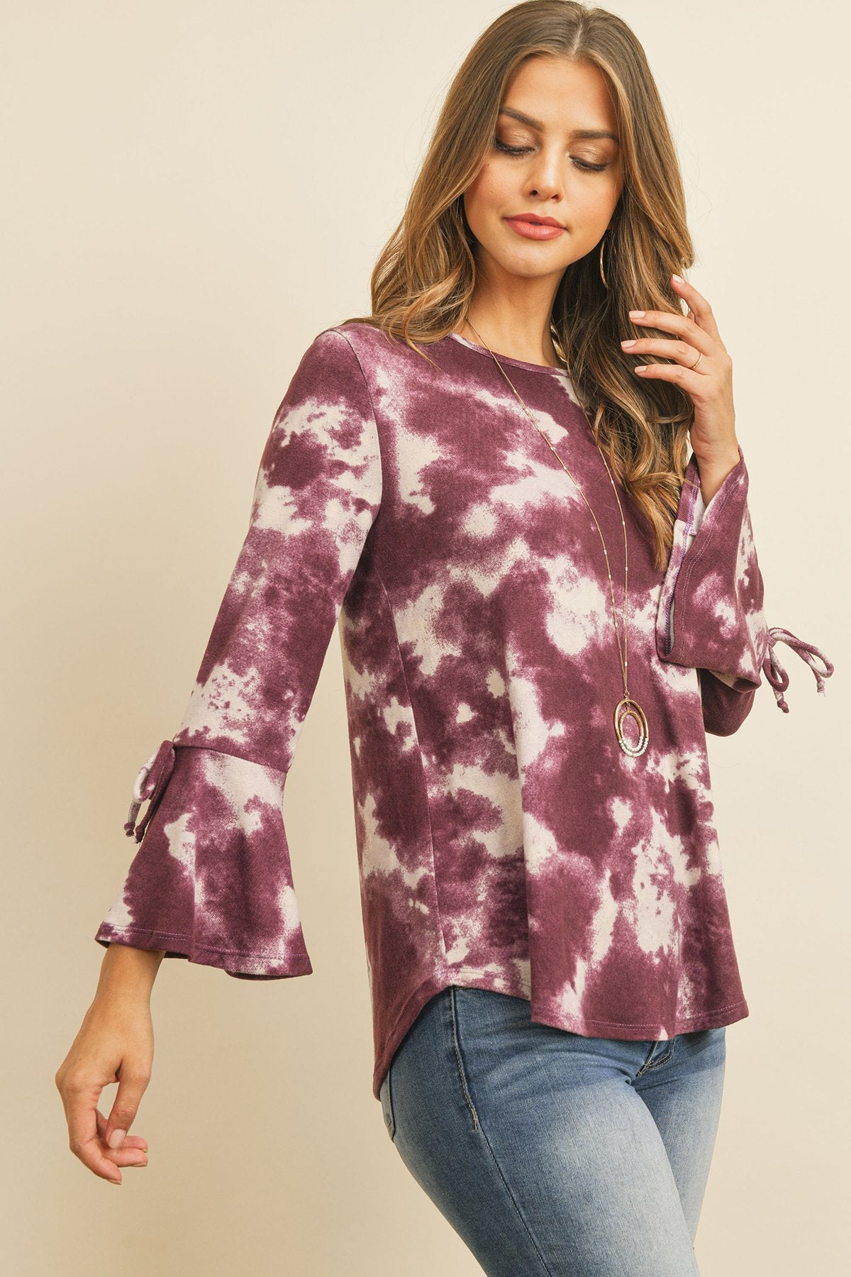 Riah Fashion - Tie Dye Bell Sleeved Ribbon Detail Swing Top - 3 COLORS -