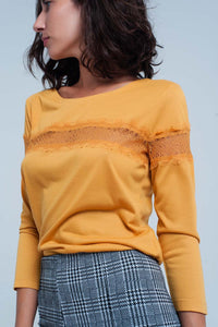 Thumbnail for Q2 - Mustard 3/4 Sleeve T-Shirt With Eyelash Trim - 1 COLOR -