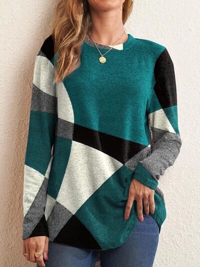 Geometric Round Neck Long Sleeve T-Shirt - T - 5 COLORS -