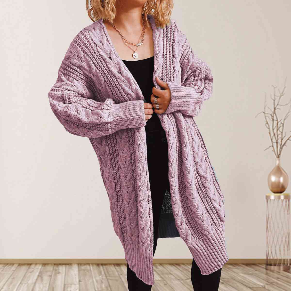 Cable-Knit Open Front Dropped Shoulder Cardigan - T - 6 COLORS -