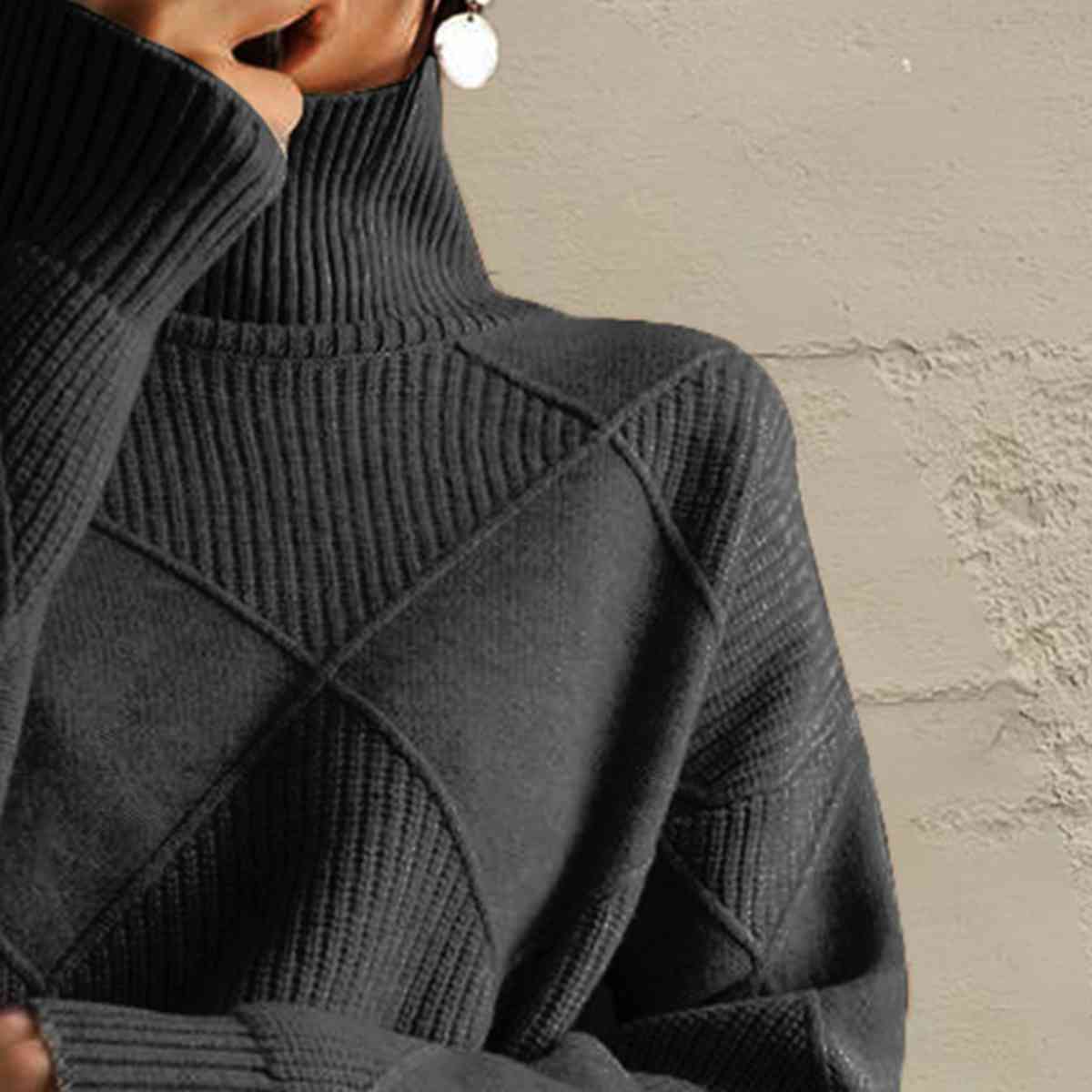 Geometric Turtleneck Long Sleeve Sweater - T - 8 COLORS -