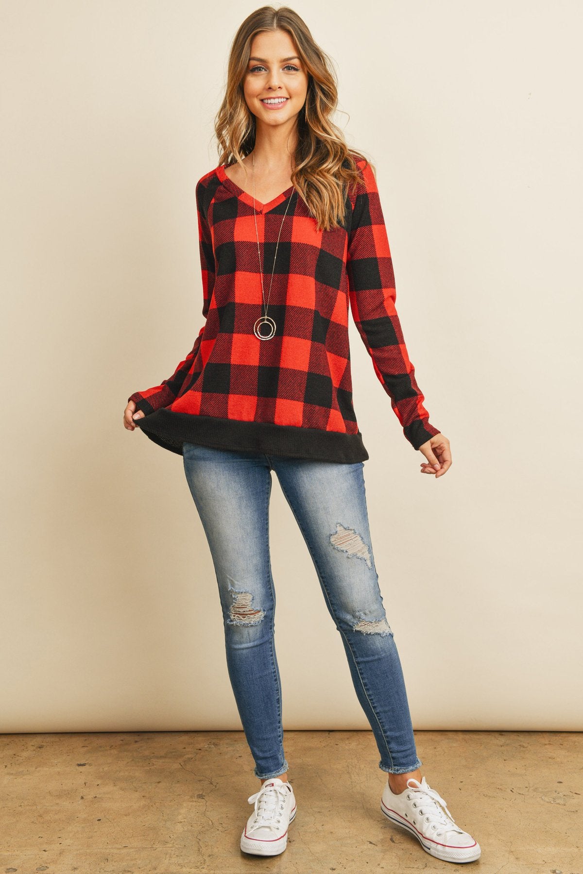 Riah Fashion - Checker Plaid V-Neck Long Sleeve Top - 2 COLORS -