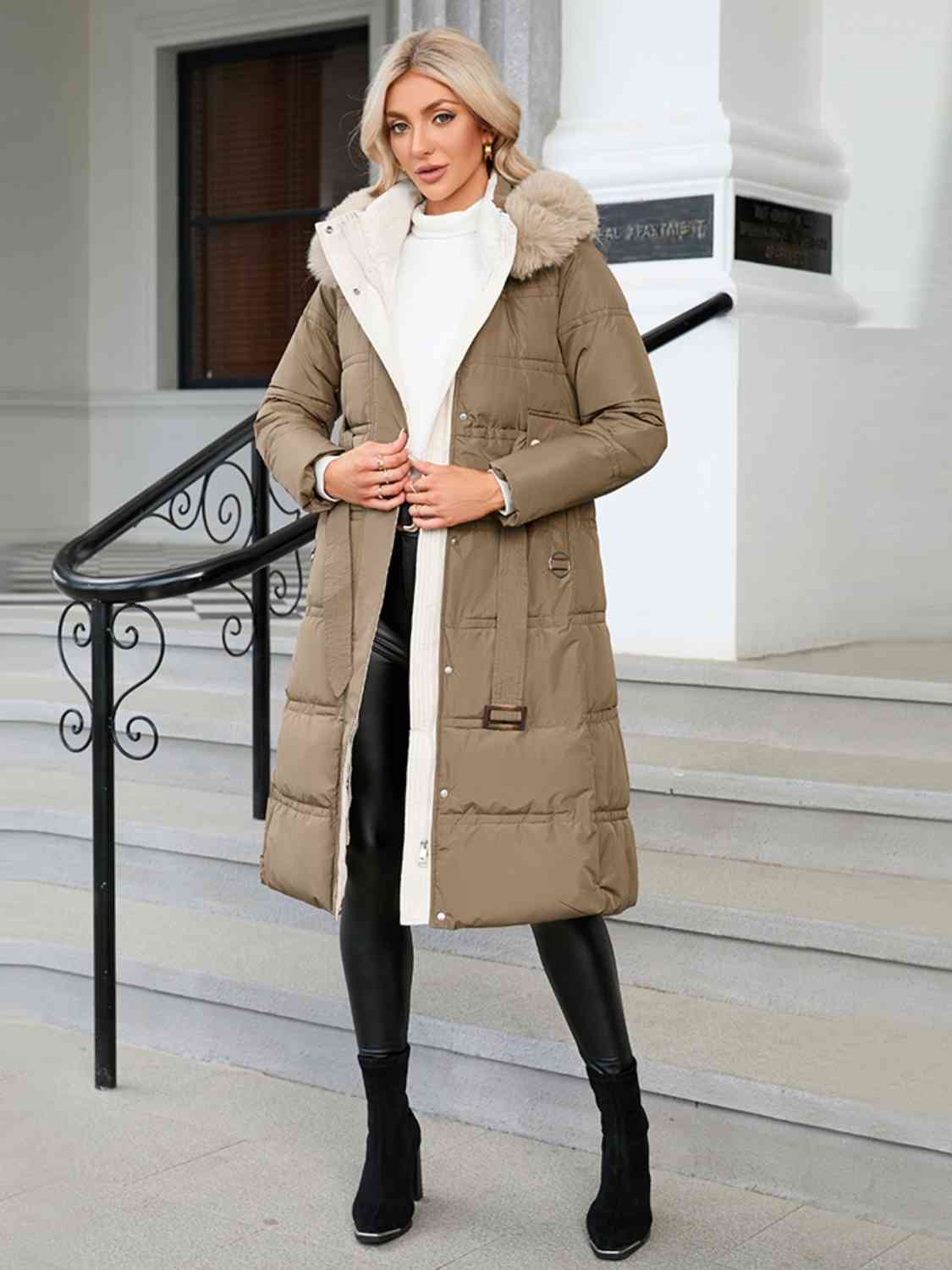 Longline Hooded Winter Coat with Pockets - T - 3 COLORS -