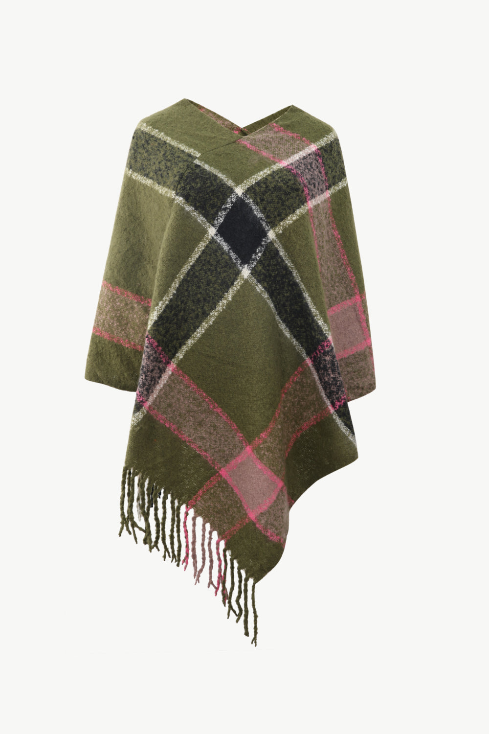 Plaid Fringe Detail Poncho - T - 7 COLORS -