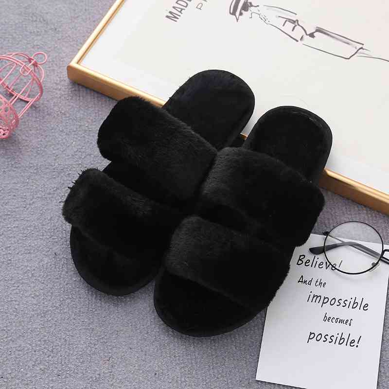 Faux Fur Double Strap Slippers - T - 5 COLORS -