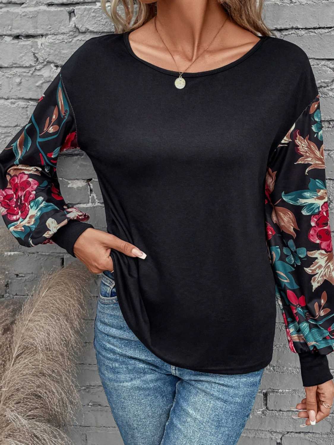 Floral Sleeves Round Neck Long Sleeve Top - T - 1 COLOR -