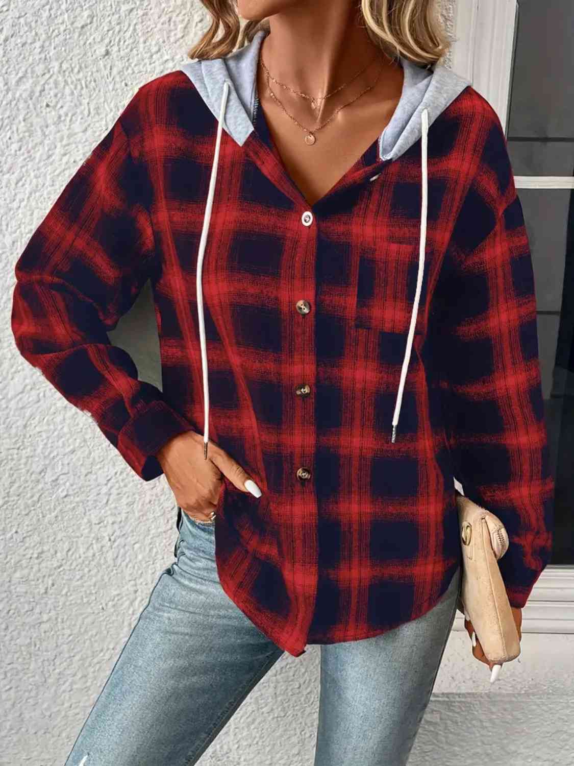 Plaid Drawstring Button Up Hooded Shirt - T - 5 COLORS -