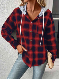 Thumbnail for Plaid Drawstring Button Up Hooded Shirt - T - 5 COLORS -