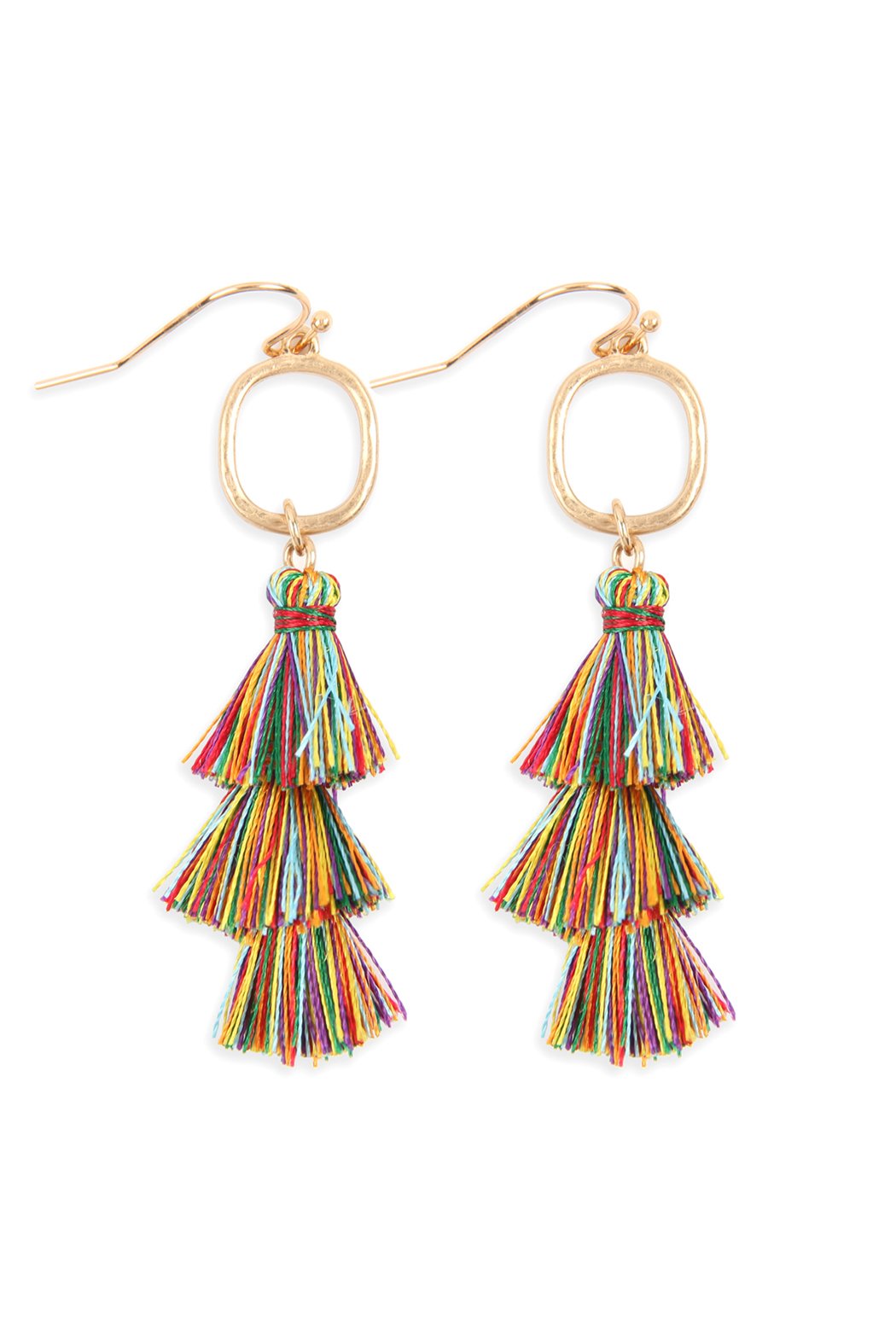 Three Drop Tassel With Metal Hook Earrings - 11 COLORS -