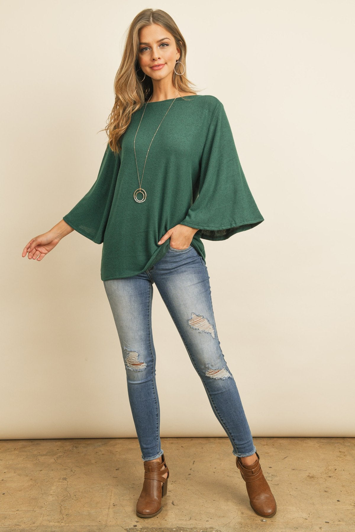 Riah Fashion - Boat Neck Bell Sleeve Solid Hacci Brushed Top - 6 COLORS -