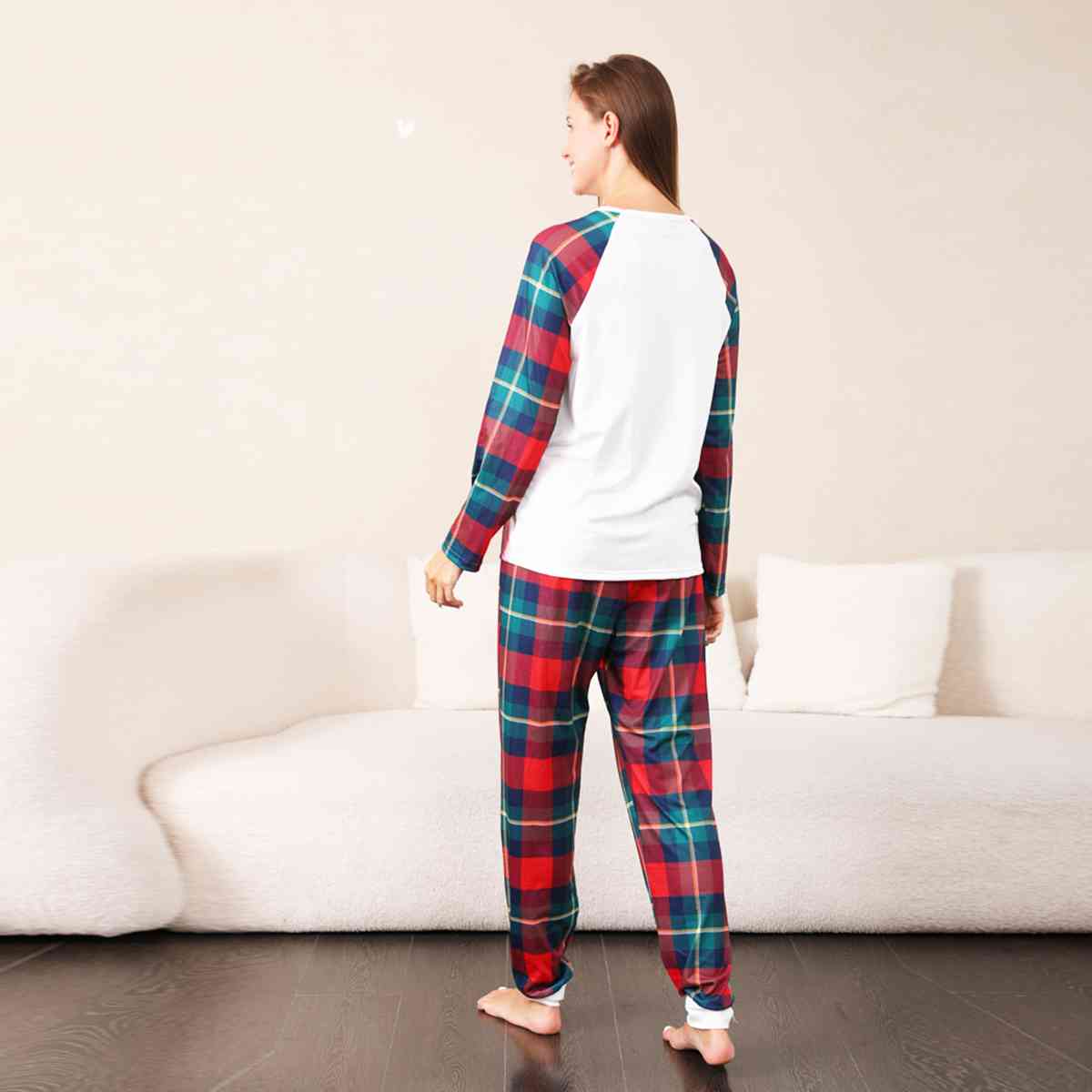 WOMEN Graphic Round Neck Top and Plaid Pants Set - T -