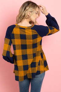 Thumbnail for Riah Fashion - Solid Contrast Puff Sleeves Plaid Top - 3 COLORS -